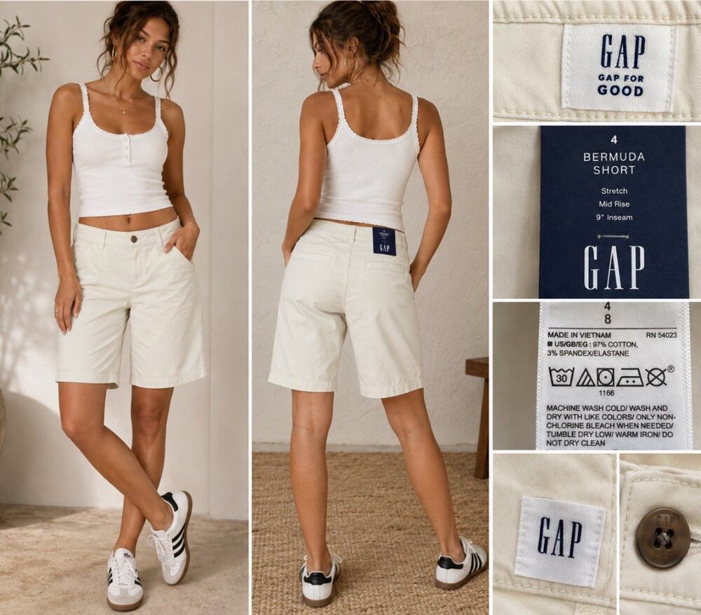 NWT Preppy Resort Gap Women's Bermuda Short Stretch Mid Rise Size 4 Ivory Chino